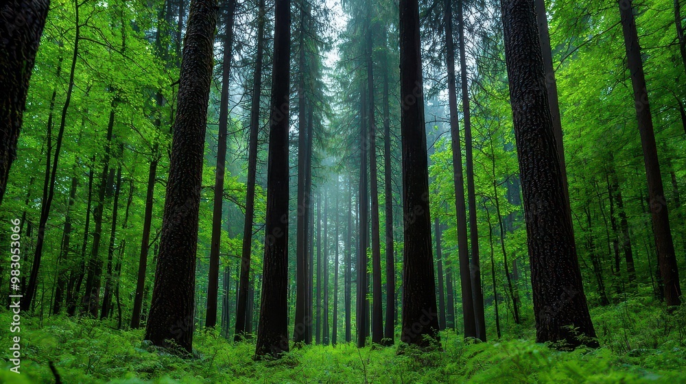 Lush green forest with tall trees shrouded in mist, serene and tranquil atmosphere. Lush green forest with tall trees shrouded in mist, serene and tranquil atmosphere.