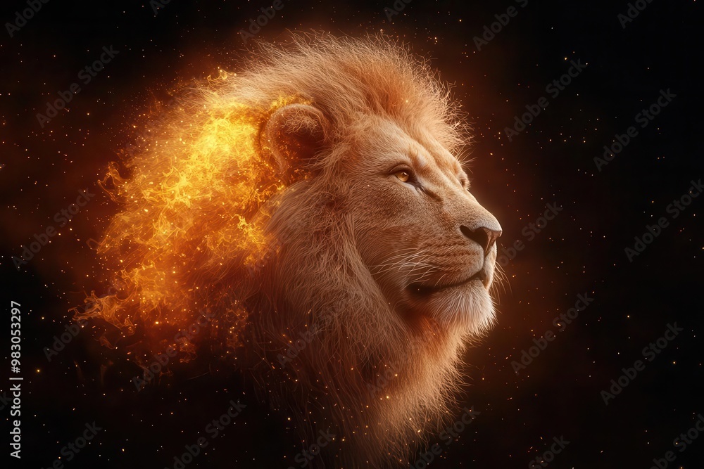Majestic lion surrounded by flames, dramatic and powerful energy. Majestic lion surrounded by flames, dramatic and powerful energy.