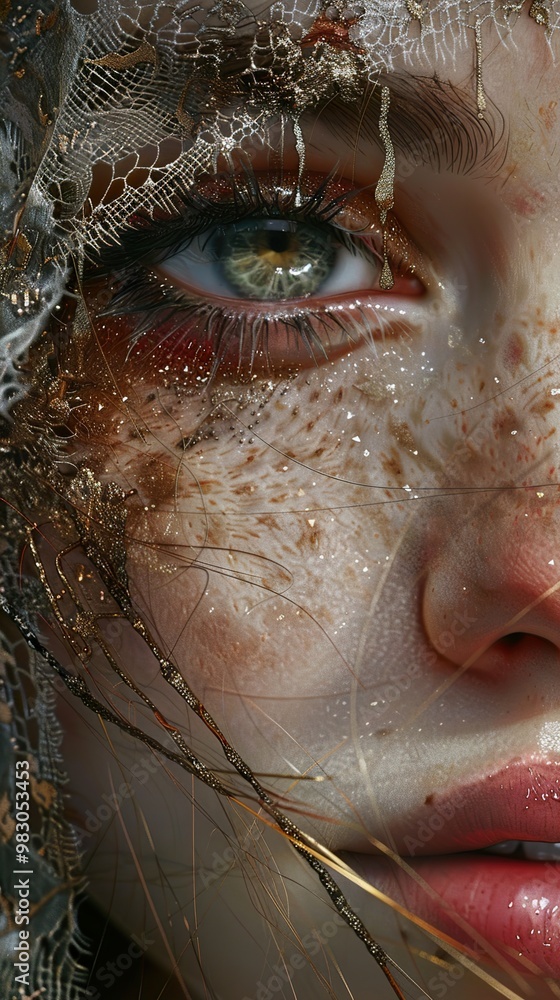 Close-Up Portrait of a Woman's Eye with Intricate Gold Makeup Close-Up Portrait of a Woman's Eye with Intricate Gold Makeup
