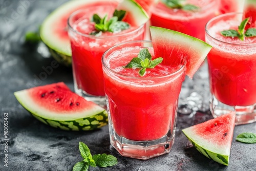 Watermelon Juice. Refreshing Summer Drink With Melon Slices in Glasses