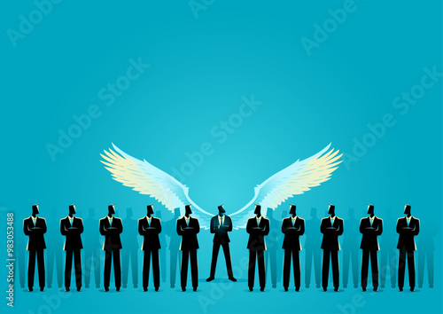 Angelic businessman stands tall among others, with wings spread wide, symbolizing ethical leadership and integrity. A concept for morality, guidance, and positive influence in business