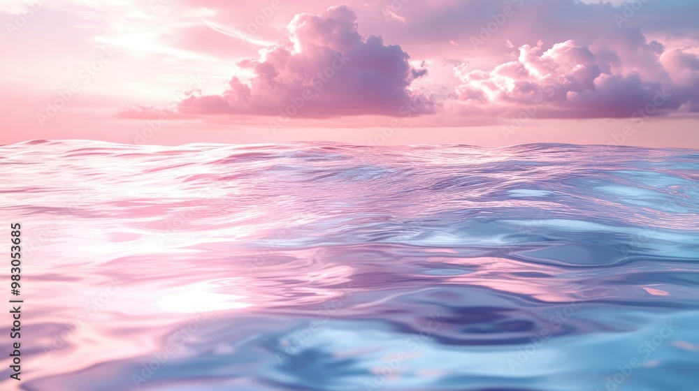 Obraz premium Serene Ripples on Pastel Horizon: Tranquil Ocean Reflecting Pink and Blue Sky at Sunset