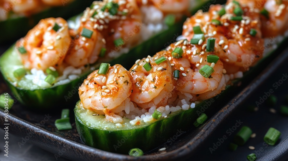 Cucumber Shrimp Sushi Boats with Spicy Mayo, Rice, Top view of a crab sushi roll with cucumber and avocado. Cucumber Shrimp Sushi Boats with Spicy Mayo, Rice, Top view of a crab sushi roll with cucumber and avocado.