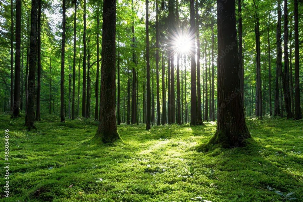 Obraz premium Sunlight streaming through trees in a lush green forest.