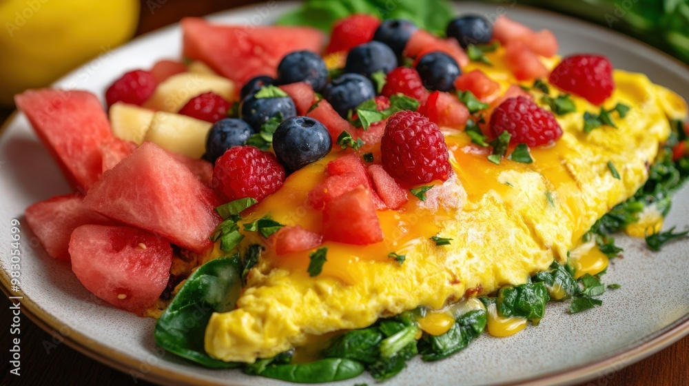 Western Breakfast Omelet with Spinach, Red Pepper, Cheddar Cheese and Fresh Fruit Western Breakfast Omelet with Spinach, Red Pepper, Cheddar Cheese and Fresh Fruit