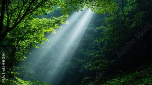 Sunlight rays filtering through lush green forest trees.