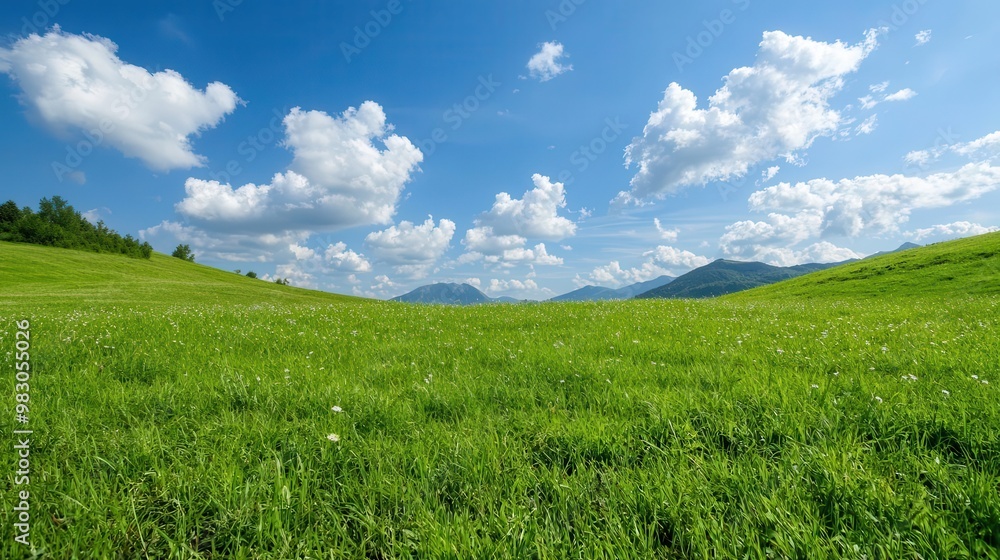 Obraz premium Vast green field under a clear blue sky with fluffy clouds in the background.