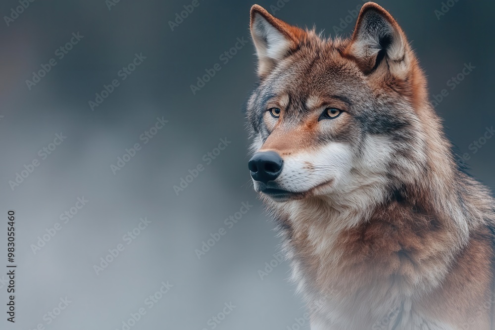 Fototapeta premium Wolf portrait with blurred background, showcasing its majestic features.
