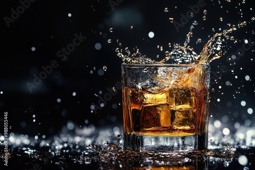 Whiskey On Black. Glass of Whiskey on Black Background With Ice Cube Splash