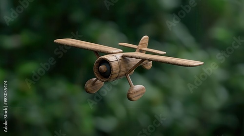 Wooden toy airplane flying against a blurred green background.