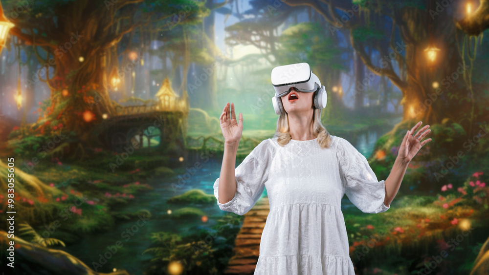 Fototapeta premium Woman using VR glasses turn on transfer meta world in gaming bokeh neon falling fresh air in metaverse in magical fantasy river across bridge jungle trees fairytale wildflower at night. Contraption.
