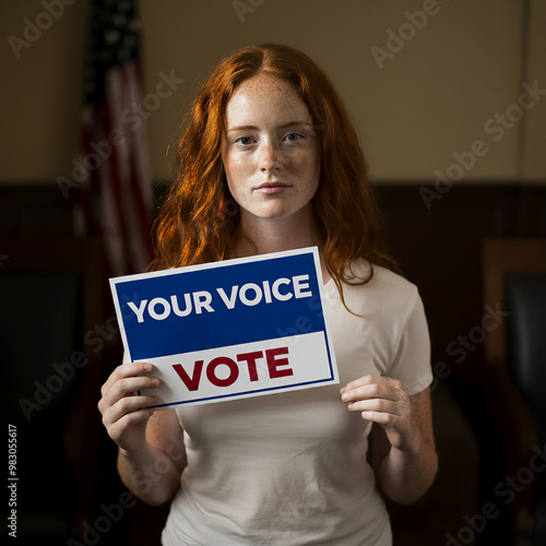 Female holding a sign, cast your vote – it matters, so make it count. photo