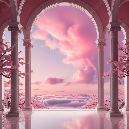 The image depicts a grand archway leading to a breathtaking view of a pink sky with fluffy clouds and a soft gradient that transitions from light to darker shades, suggesting either sunrise or sunset.