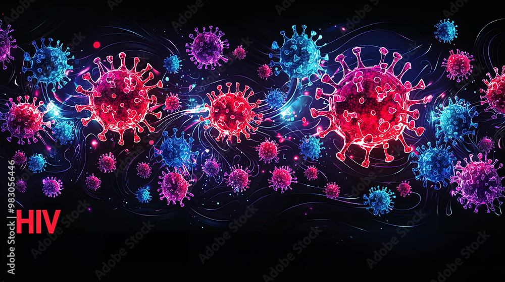 This striking image presents an artistic depiction of the HIV virus with vibrant red and blue colors, highlighting the virus structure and its scientific significance. This striking image presents an artistic depiction of the HIV virus with vibrant red and blue colors, highlighting the virus structure and its scientific significance.