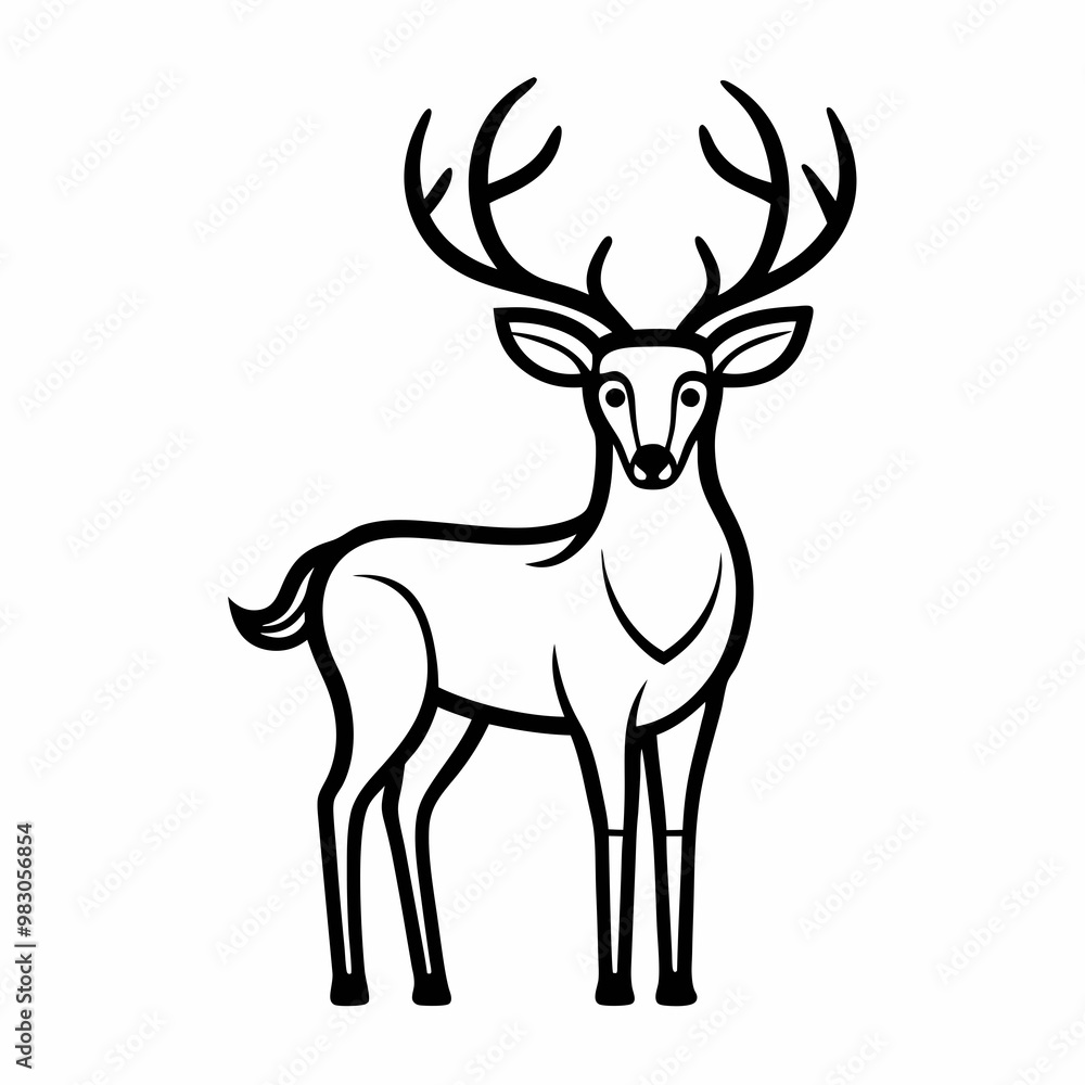 Elegant Black Deer Line Art with Antlers on White Background Elegant Black Deer Line Art with Antlers on White Background