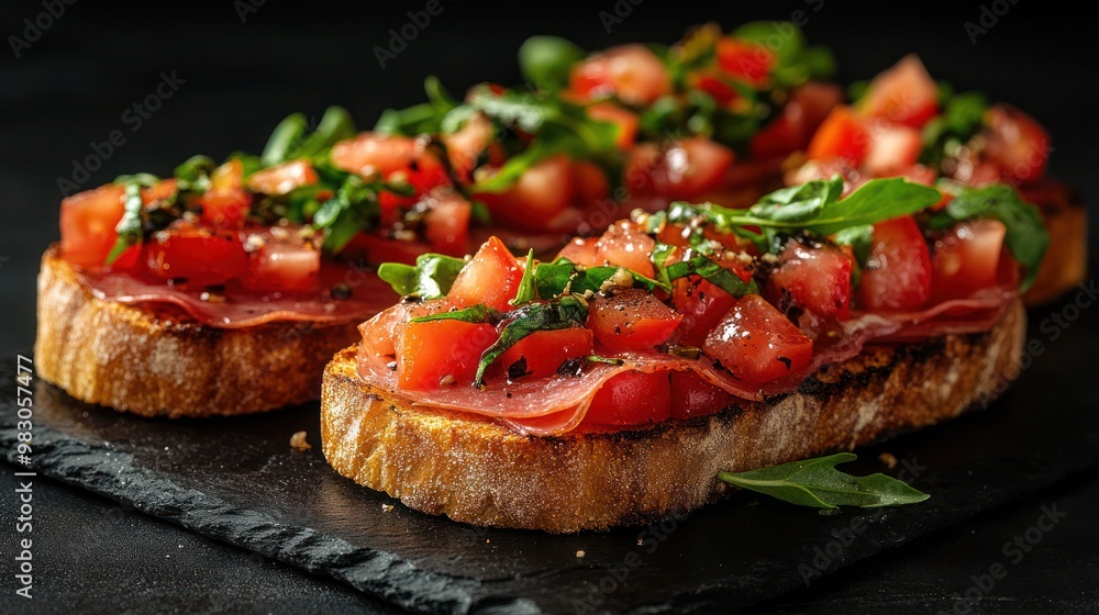 Close-up of thin slices of Italian cold cut pork Coppa on slices of grain bread, Parma ham and tomato bruschetta served on wooden board with mozzarella. Close-up of thin slices of Italian cold cut pork Coppa on slices of grain bread, Parma ham and tomato bruschetta served on wooden board with mozzarella.