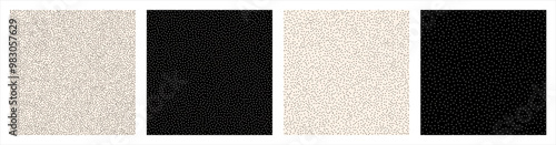 Dots, stipples seamless vector patterns set, dotwork backgrounds collection. Stippled stippling grainy textures. Chaotic tiny round even spots, blobs, specks, flecks. Various density dotted templates