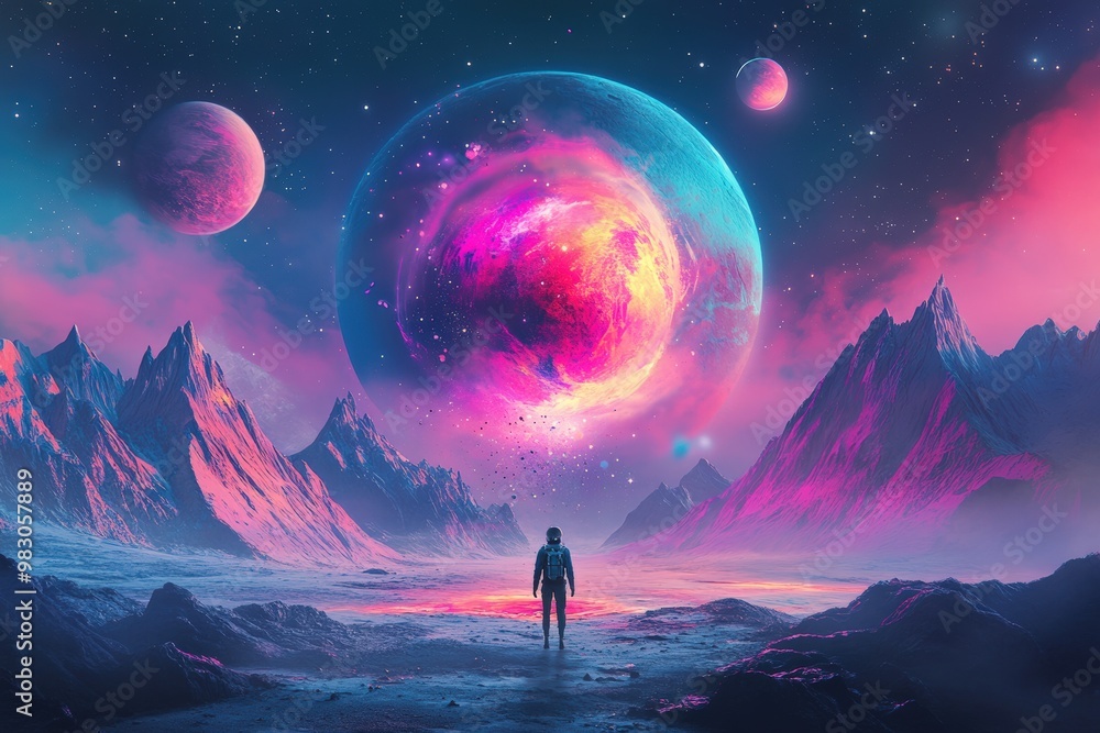 Fototapeta premium An astronaut surrounded by neon-colored dollar signs and coins set against blue sky, financial concept banner. Beautiful simple AI generated image