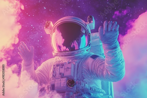 Astronaut with futuristic space sci-fi neon lights abstract background. Generated AI image. Beautiful simple AI generated image photo