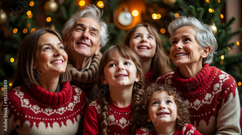 A cheerful family celebrates together in front of a beautifully decorated Christmas tree, wearing matching festive sweaters and enjoying each other's company