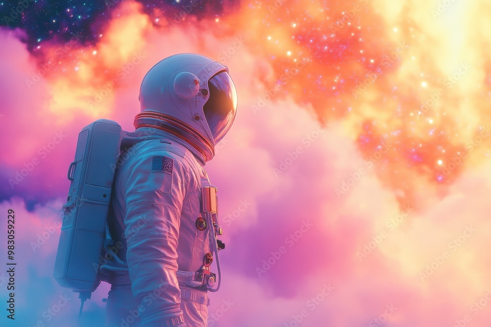 Close-up of an astronaut's helmet with a pink and purple sunset reflecting in the visor.. Beautiful simple AI generated image Close-up of an astronaut's helmet with a pink and purple sunset reflecting in the visor.. Beautiful simple AI generated image