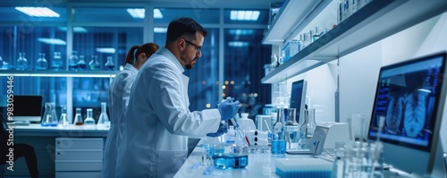 Professional healthcare researchers working with advanced lab equipment, focused on development and innovations. Free copy space for text.