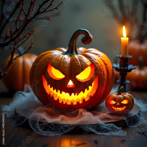 A scary Halloween pumpkin with a candle holder and cobwebs on a halloween background .