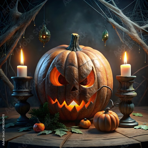 A scary Halloween pumpkin with a candle holder and cobwebs on a halloween background .