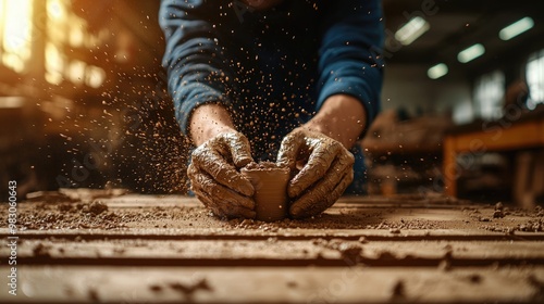 A skilled artisan shaping clay in a workshop with dust flying in warm sunlight. photo