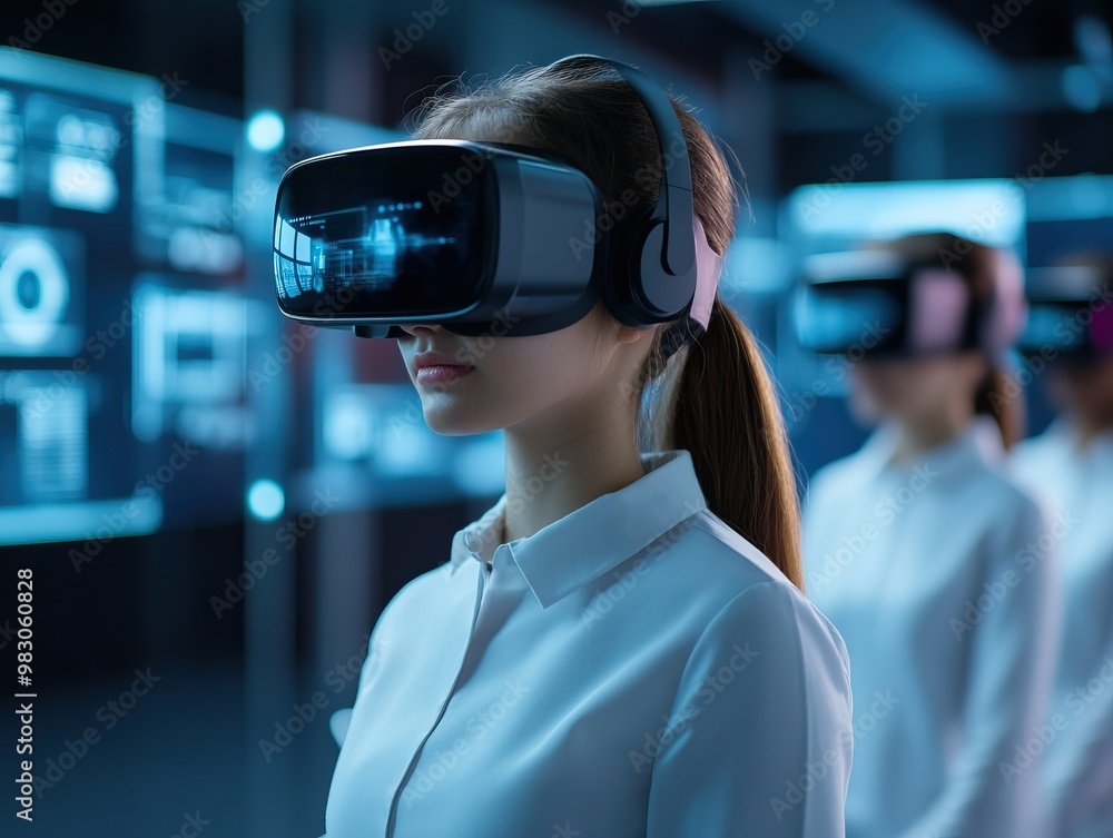 A woman wearing virtual reality glasses in a futuristic tech environment, immersed in digital experiences and technology. A woman wearing virtual reality glasses in a futuristic tech environment, immersed in digital experiences and technology.