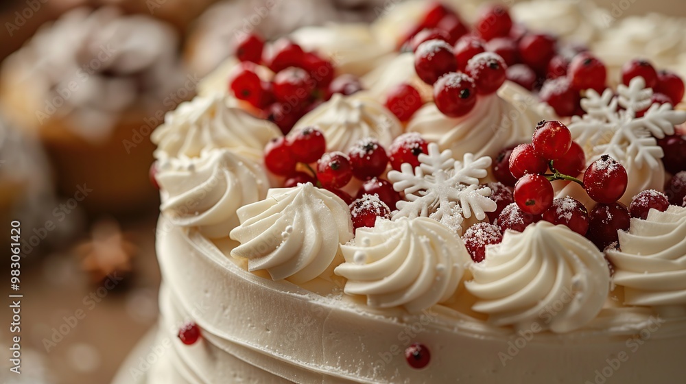 White Cake with Red Berries and Snowflakes White Cake with Red Berries and Snowflakes