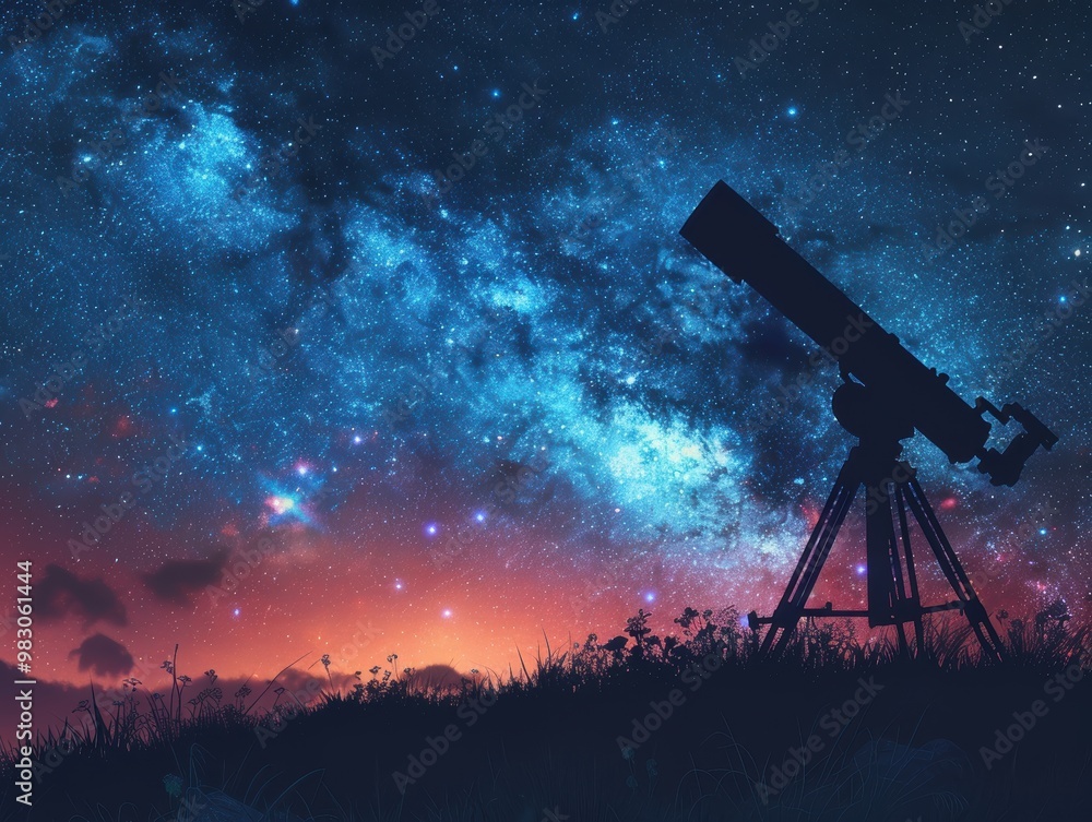 Silhouette of a telescope on a hillside against a starry night sky background. This image could be used as an illustration, banner, or as a space for text. Silhouette of a telescope on a hillside against a starry night sky background. This image could be used as an illustration, banner, or as a space for text.