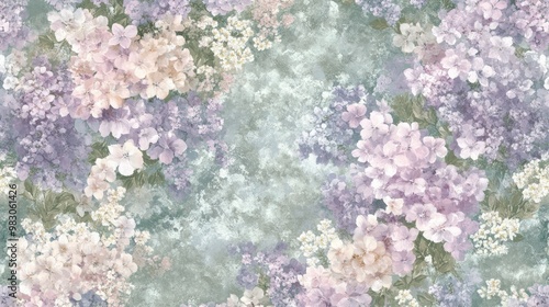 A flower wallpaper design, featuring a delicate blend of soft pinks, purples, and greens in a repeating floral pattern