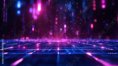 Abstract futuristic digital background with neon lights, technology grid and glowing particles for technology applications.