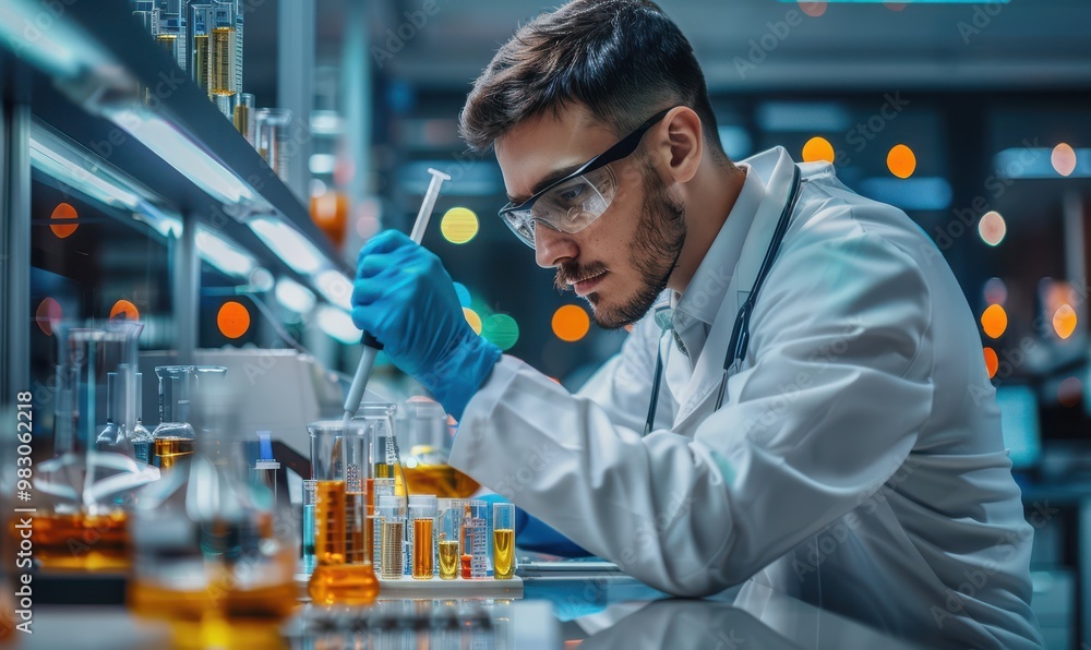 Professional healthcare researchers working with advanced lab equipment, focused on development and innovations. Free copy space for text.
