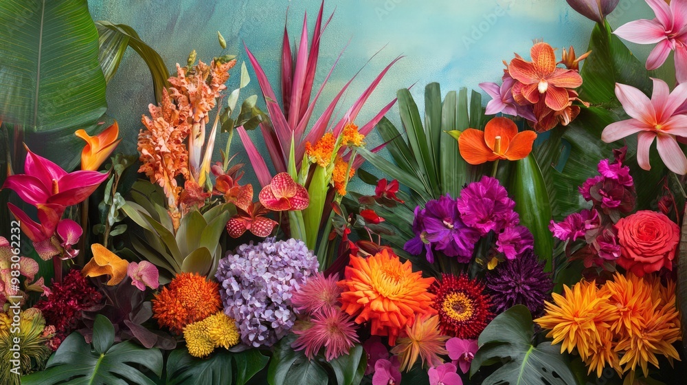 A collection of exotic flowers, each with unique shapes and vibrant colors, displayed against a tropical background A collection of exotic flowers, each with unique shapes and vibrant colors, displayed against a tropical background