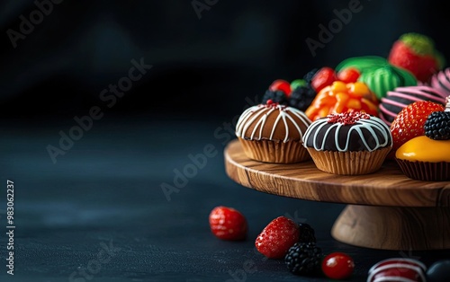 Colorful cupcakes and berries arranged on a wooden plate against a dark background. photo