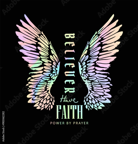 believer slogan with angel wings holographic foil print on black background