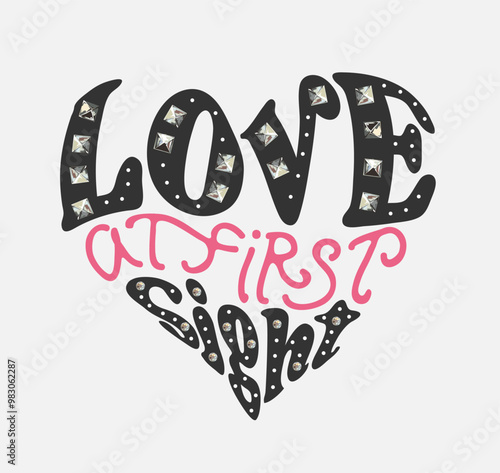 love at first sight hand drawn graphic in heart shape with diamond and rivet vector illustration