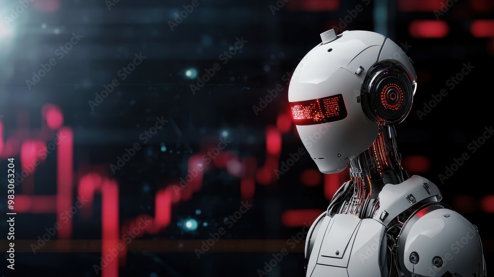 Futuristic robot head against a digital backdrop with stock market data, symbolizing technology and finance in the modern era. Futuristic robot head against a digital backdrop with stock market data, symbolizing technology and finance in the modern era.