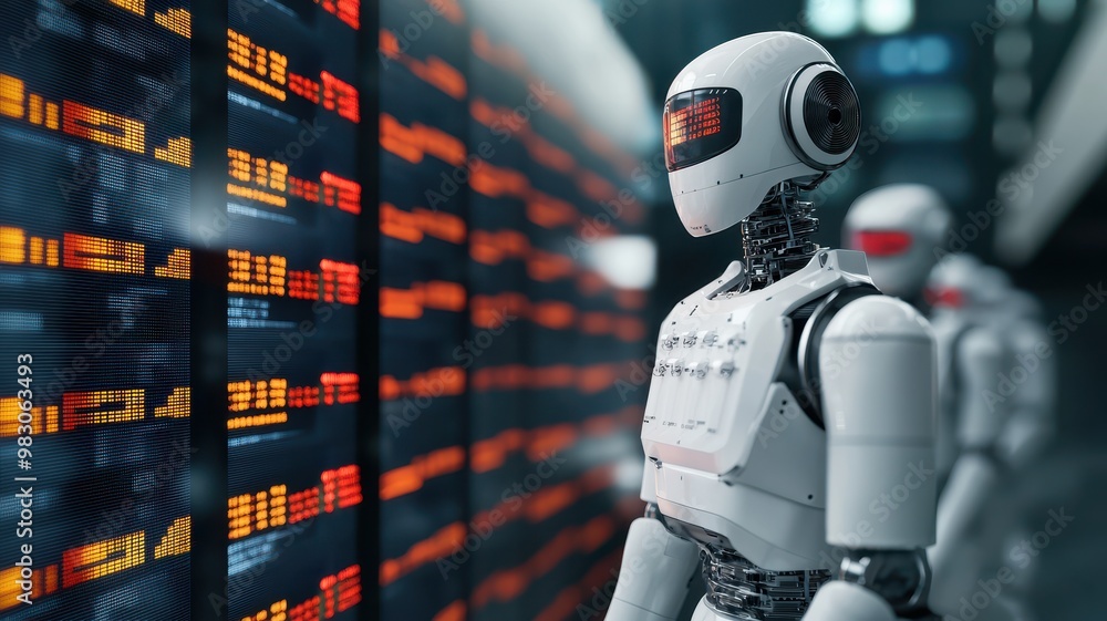 Futuristic robot standing in a high-tech server environment, showcasing advanced technology and artificial intelligence.