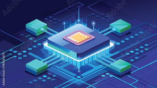 Print Brightly Glowing AI Chip on Light Circuit Board on Technology Blue Background Vector Illustration