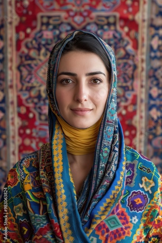 Portrait of woman in embroidered traditional scarf