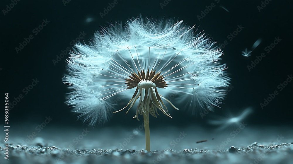 Fototapeta premium A high-contrast image of a dandelion seed head against a dark, plain background. The white seeds stand out sharply, some already floating away, adding a dynamic element to the scene.