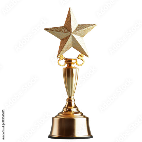 Award victory trophy cup with golden stars, top view. Success and victory concept. transparent background