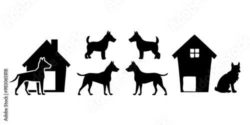 dog vector, silhouette dog, black dog, and dog house in different styles