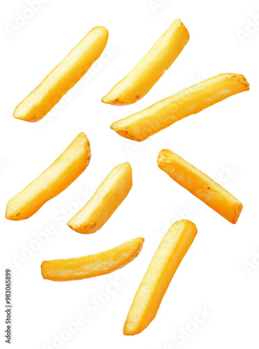 Falling french fries, potato fry isolated on white background, clipping path, full depth of field