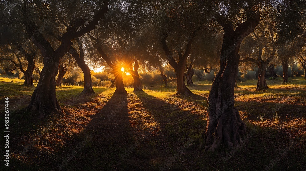 Fototapeta premium A peaceful view of olive trees in a quiet, sunny landscape 