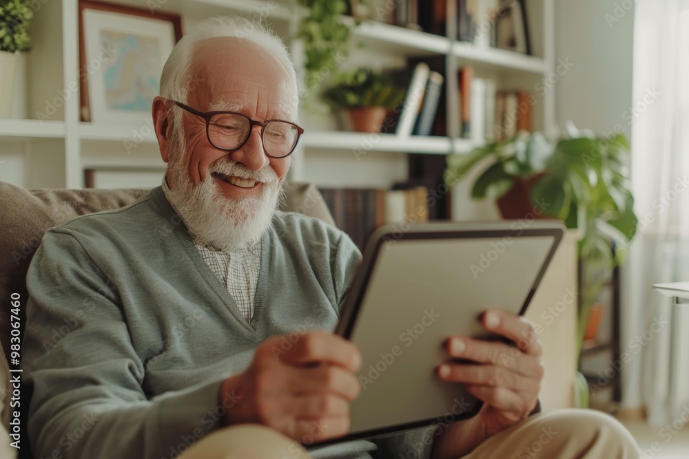 Joyful senior man with a smile using digital tablet. Retirement and technology Joyful senior man with a smile using digital tablet. Retirement and technology