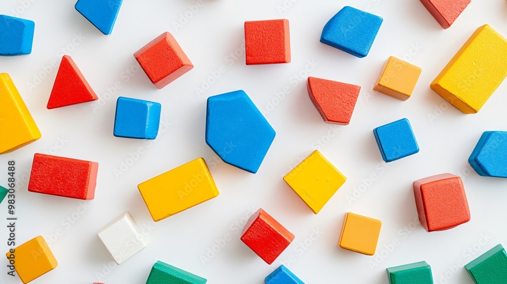 Colorful building blocks in various shapes, scattered on a white background Colorful building blocks in various shapes, scattered on a white background